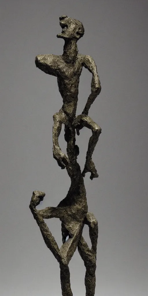 Image similar to sculpture of a cowering man, in the style of alberto giacometti