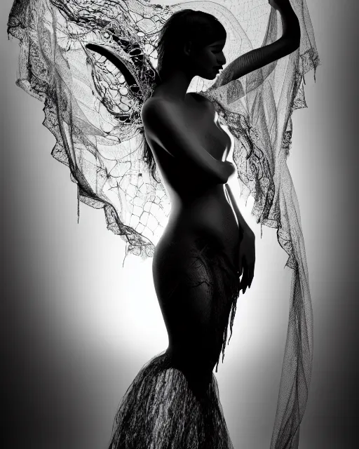 Image similar to surreal mythical dreamy dark artistic black and white fine art photo of a beautiful young female angel - mermaid - cyborg covered with translucent algae lace web, rim light, cinematic, studio dramatic light, poetic, octane render, 8 k, photo - realistic, by floria sigismondi