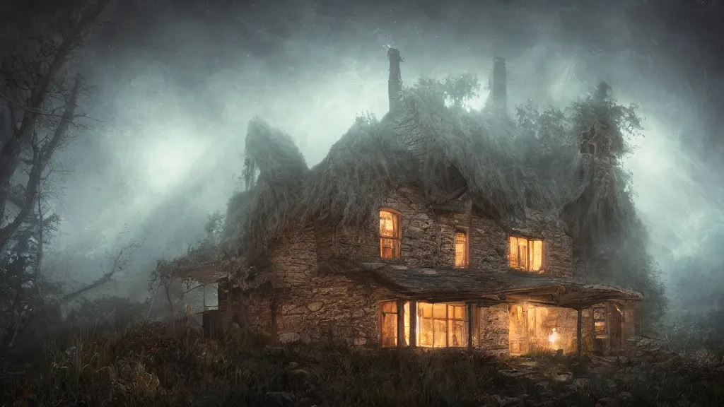 Image similar to A dark decrepit cottage on a mountaintop at night, lit by a single torch, by Bastien LeCouffe-Deharme, hyperrealistic, V-Ray 8k UHD