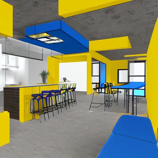 Image similar to interior design of a co - working space, yellow and blue color scheme, photorealist, 8 k