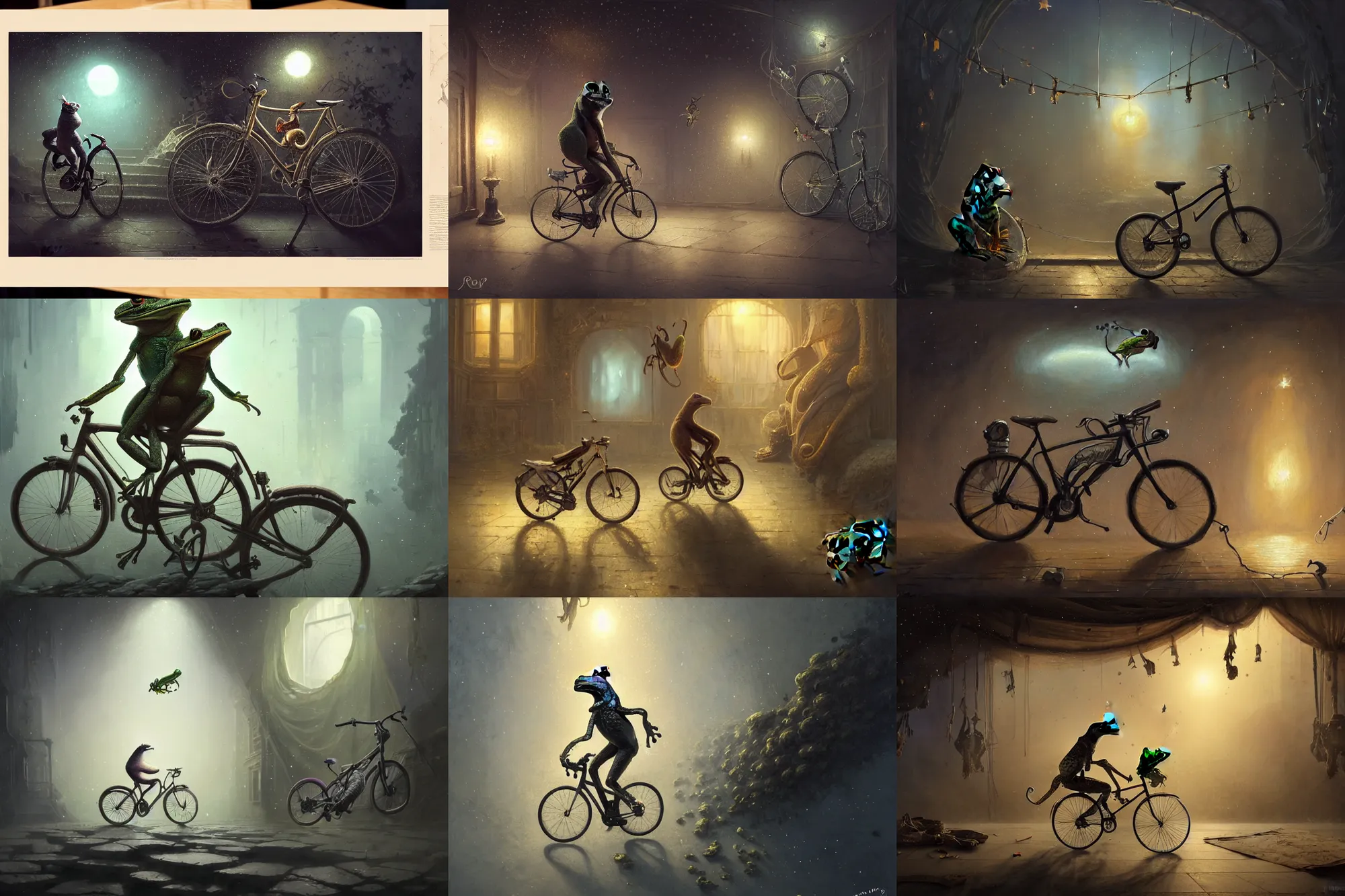 Prompt: an unglued bike with a frog looking at image portraits on museum walls with stars and hanging silk drapery and tapestries, light dust, magnificent, close up, sharp focus, elegant, highly detailed, illustration, by jordan grimmer greg rutkowski wlop maya takamura, intricate, trending artstation, pixiv, digital art