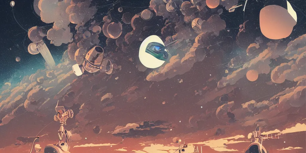 Image similar to colorful mcbess illustration of a robot trying to paint the universe, intricate complexity, by greg rutkowski, artgerm, ross tran, conrad roset, takato yomamoto, ilya kuvshinov, 8 k, beautiful, cinematic dramatic atmosphere