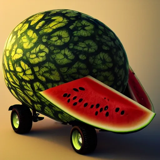 Image similar to Very very very very highly detailed sci-fi Watermelon military vehicle. Photorealistic Concept 3D digital art rendered in Highly Octane Render in style of Hiromasa Ogura Gost in the shell, more Watermelon less military vehicle, epic dimensional light