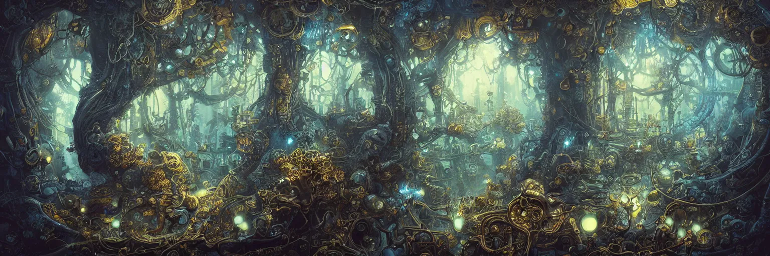 Prompt: Marc Simonetti, Mike Mignola, smooth liquid metal with detailed line work, Mandelbrot flowers and trees, Exquisite detail, blue neon details, hyper detailed, intricate charcoal illustration, golden ratio, steampunk, smoke, neon lights, steampunk forest background, liquid polished metal, by peter mohrbacher