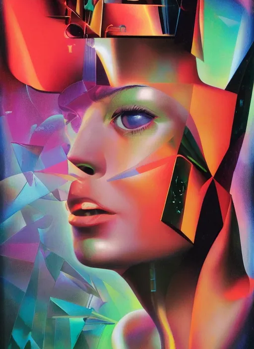 Prompt: futuristic lasers, data visualization, cyberpunk visor rain, wet, oiled, sweat, girl pinup, by steven meisel, james jean and rolf armstrong, geometric cubist acrylic and hyperrealism photorealistic airbrush painting with retro and neon colors