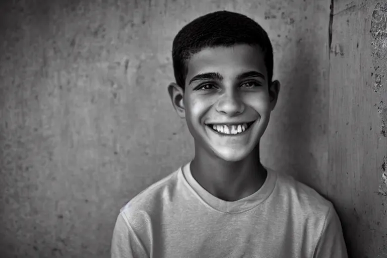 Image similar to still photo of a cuban teenage boy smiling at the camera on the street, black and white color aesthetic, highly detailed, photorealistic portrait, bright studio setting, studio lighting, crisp quality and light reflections, unreal engine 5 quality render