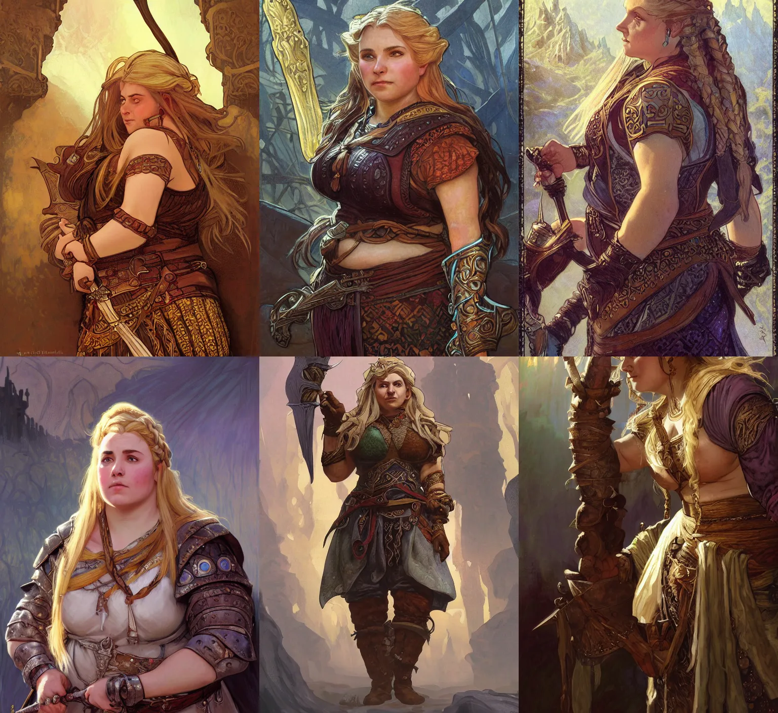 Prompt: Boldara the female dwarf. A noble dwarven warrior and blacksmith. Chubby plump body. complex blonde braided hair. Fantasy concept art. Moody Epic painting by James Gurney, and Alphonso Mucha. ArtstationHQ. painting with Vivid color. (Dragon age, witcher 3, lotr)