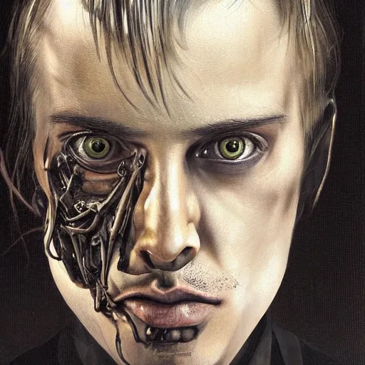 Image similar to surreal portrait of a man by Greg Rutkowski and H.R Giger, symmetrical face, he is about 30 years old, west slav features, short blonde hair with bangs, attractive, smart looking, slim, somewhat androgenic, transformed into a kind of biomechanical transhuman angel, disturbing, terrifying but fascinating, with a determined and sinister expression on his face, cosmic void background, frightening, fascinating, highly detailed portrait, digital painting, book cover, artstation, concept art, smooth, sharp foccus ilustration, Artstation HQ