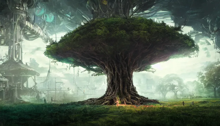 Prompt: ben lo illustration of the largest tree in the world under invisible force field, bioshock concept art, solarpunk, hopeful, colorful, unreal engine, hyper realism, realistic shading, cinematic composition, realistic render, octane render, detailed textures, photorealistic, wide shot