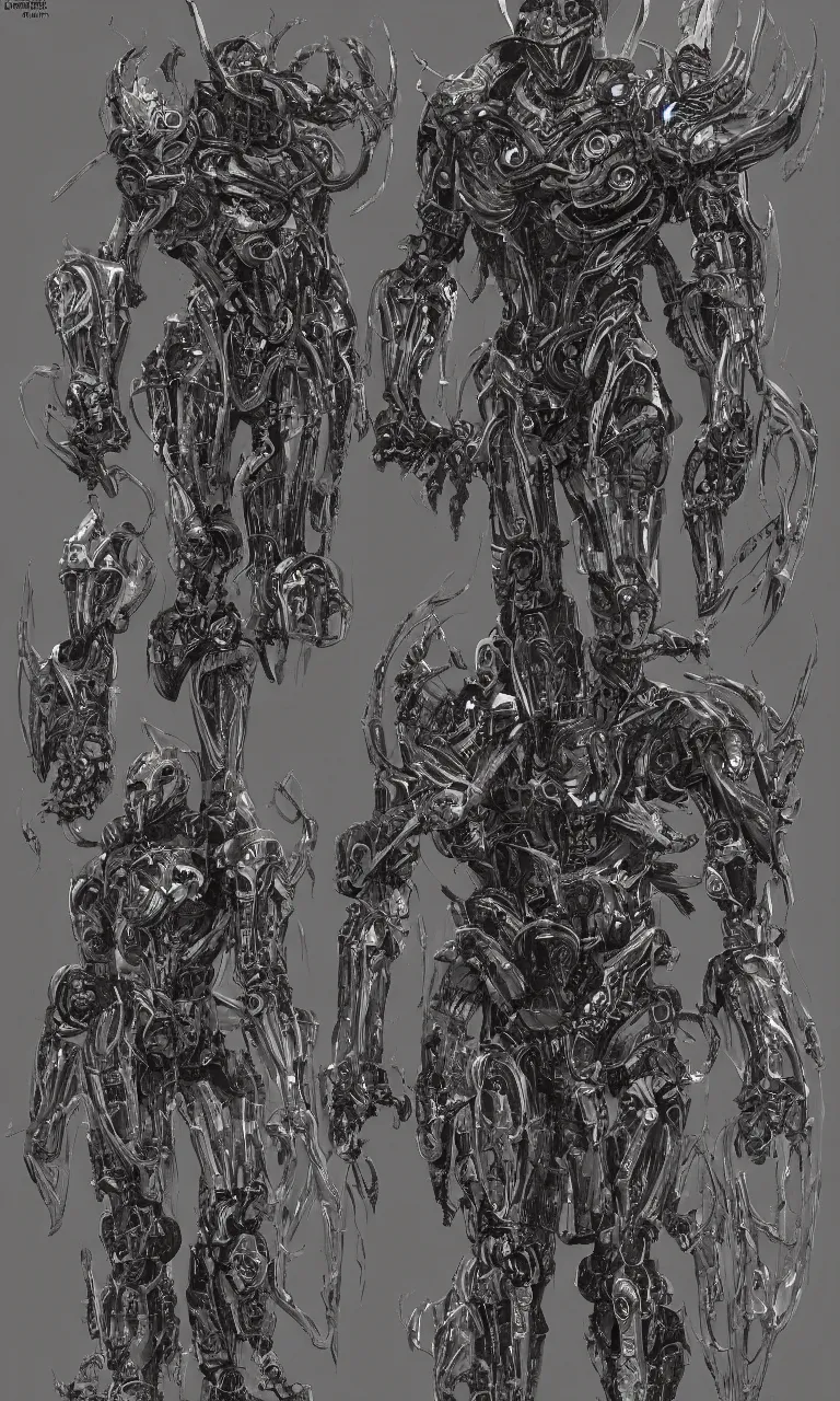 Image similar to full page scan of 1 7 0 0 concept art, a occult robot armor, character design, symmetrical fullbody rendering, bliblical, inspired by elden ring, by hr giger, sadan vague, yoji shinkawa, craig mullins, emil melmoth, artstation, highly detailed, 4 k post - processing, 8 k resolution + dof