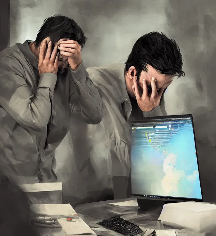 Prompt: a digital artist crying in front of his computer as the world passes him by, digital art by rj palmer