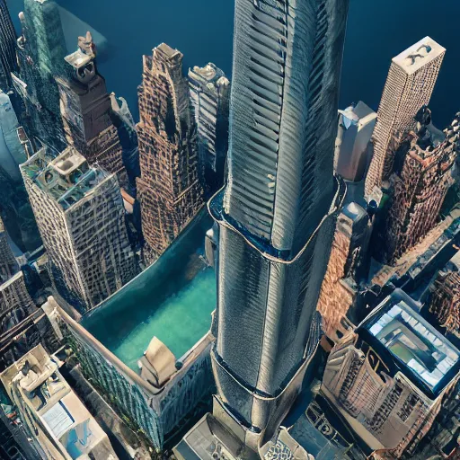 Image similar to aerial view of a giant fish tank shaped like a tower in the middle of new york city, 8k octane render, photorealistic