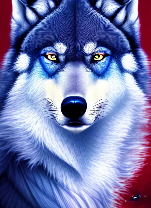 Image similar to blue wolf, red eyes highly detailed, deep focus, elegant, digital painting, smooth, sharp focus, illustration, ultra realistic, 8 k, art by wlop