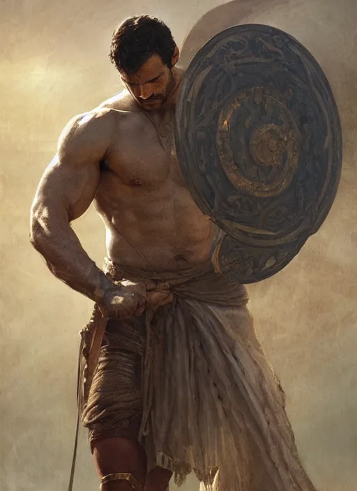 Image similar to Henry Cavill as a Greek gladiator, gorgeous, amazing, muscular, intricate, highly detailed, digital painting, artstation, concept art, sharp focus, illustration, art by greg rutkowski and alphonse mucha