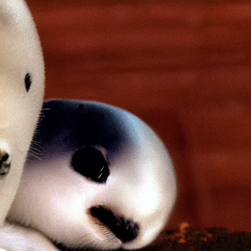 Image similar to a film still of a baby harp seal as hector escaton, westwood 2 0 2 0