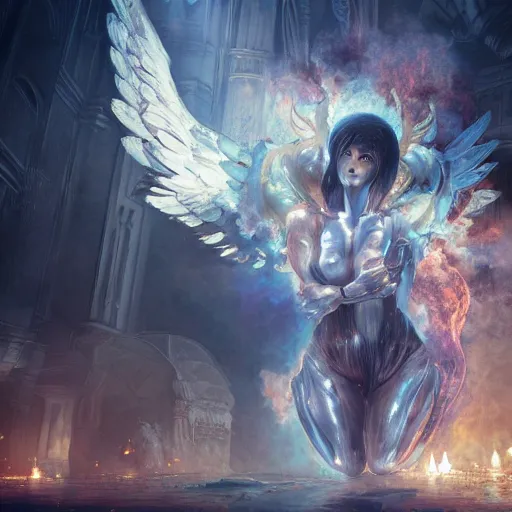 Prompt: A epic and beautiful rococo painting of a angelic werewolf inside a burning cathedral. ghost in the shell style. ultra-detailed. Anime, pixiv, UHD 8K CryEngine, octane render