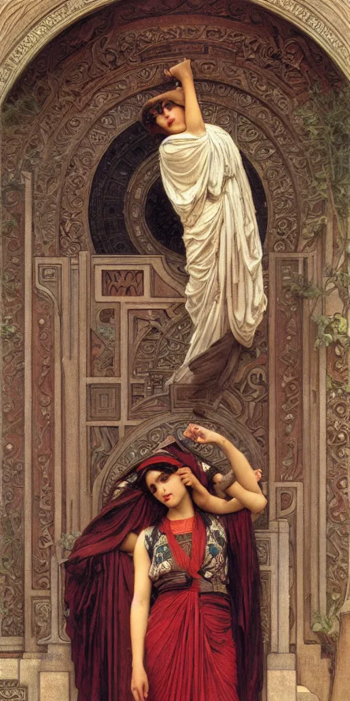 Image similar to at the gate of the temple by john william godward painted by alphonse mucha