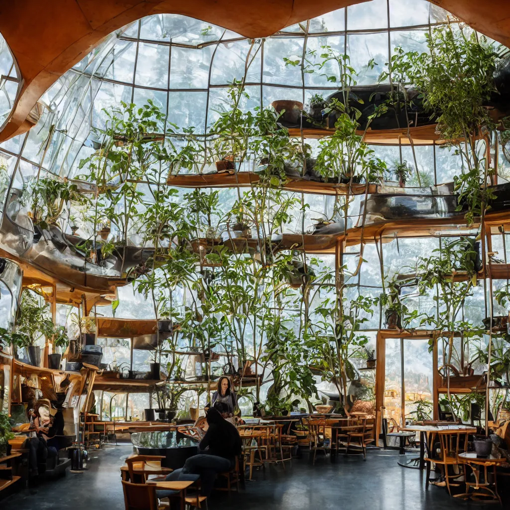 Image similar to inside luxurious earthship cafe with sunken lounge and indoor garden with skylights, friendly barista, and artist painting a calming mural on the wall, clean and simple composition, golden ratio, rule of thirds, XF IQ4, 150MP, 50mm, F1.4, ISO 200, 1/160s, dawn