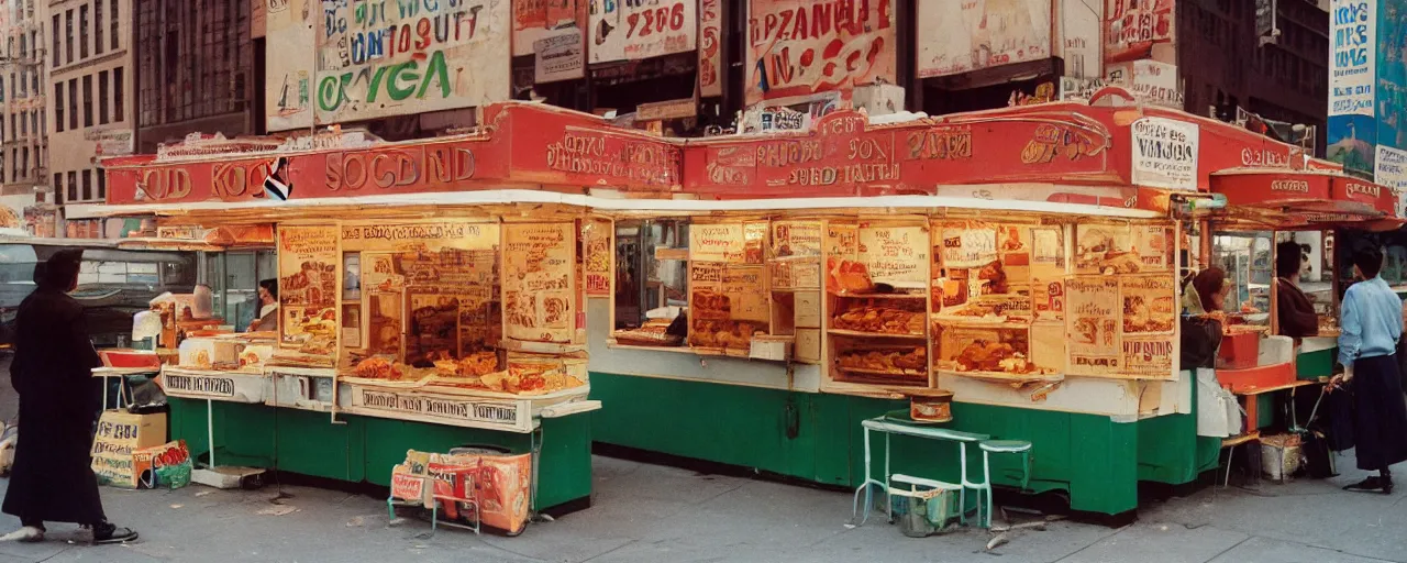 Prompt: food stand promoting spaghetti bowls, in downtown nyc, kodachrome, in the style of wes anderson, retro