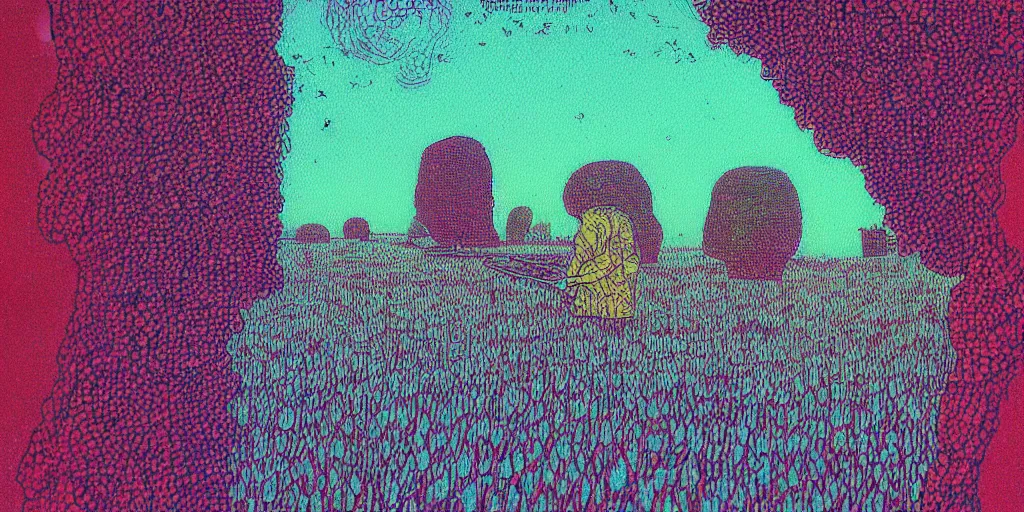 Prompt: risograph grainy painting of tomorrow harvest, i see drones, by moebius and dirk dzimirsky and satisho kon, blue hour, close - up wide portrait