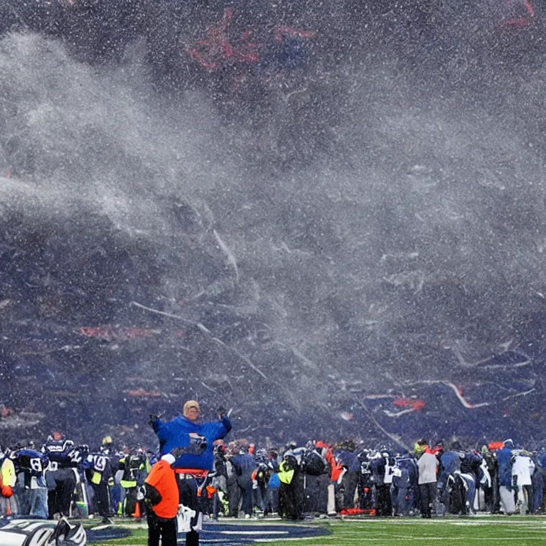 Prompt: Gillette Stadium being destroyed by a nuclear blast as a distraught coach Belichick looks on