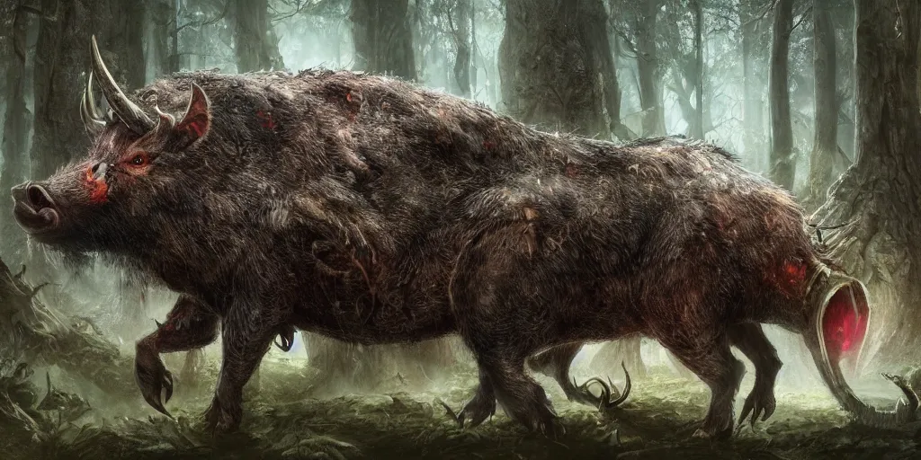 Image similar to giant monstrous wild boar with red eyes and many tusks, in dark woods, dim colors, forest, highly detailed illustration, masterpiece, fantasy, magical, hyperdetailed, realistic, witch fairytale, 4 k, 8 k, highly detailed matte painting, dungeons and dragons