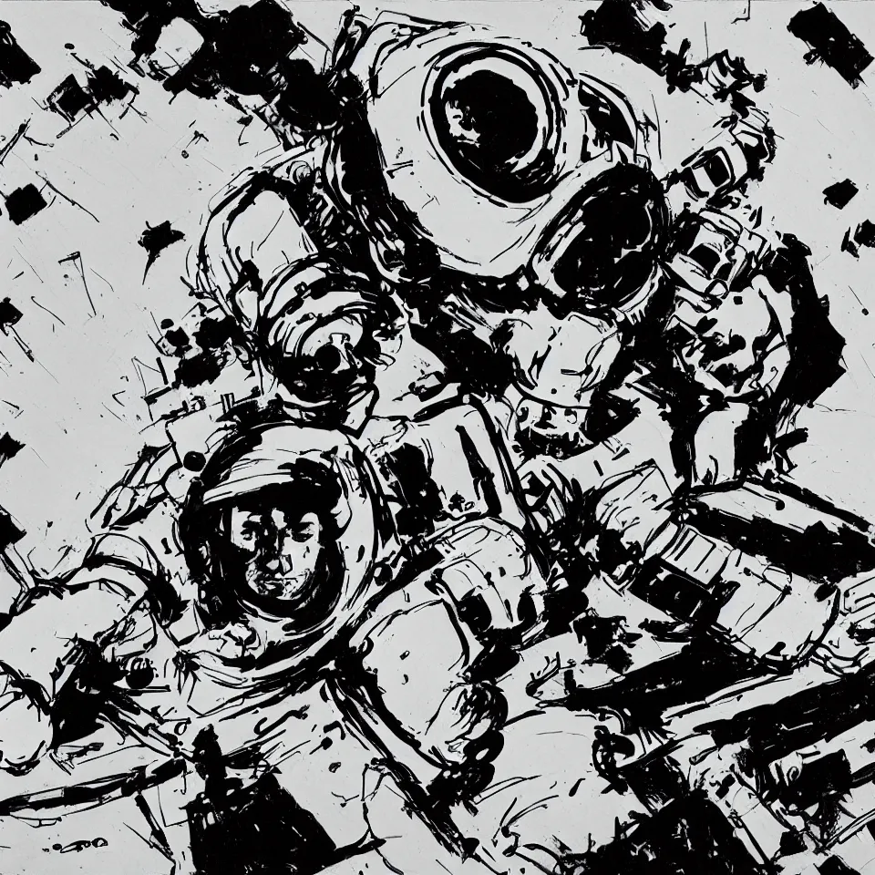 Image similar to an astronaut playing a keyboard by ashley wood, dynamic lighting, cinematic, epic composition, masterpiece