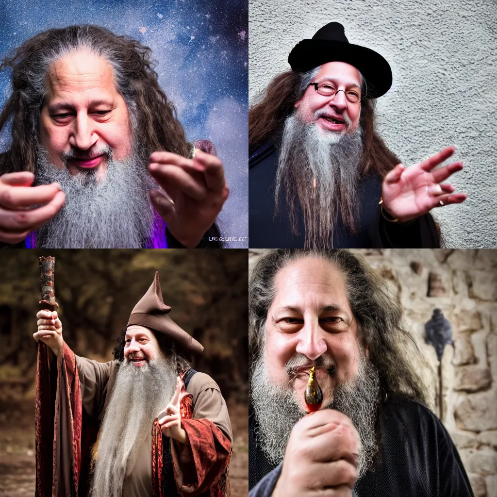 Image similar to Richard Stallman an arcane wizard casting a spell, 4k, fantasy, mystical, Sony A7R III, 85mm, f/1.8, 2018