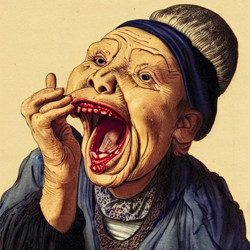 Image similar to a bizarre image of an old woman opening her mouth extremely wide and swallowing a whole goat