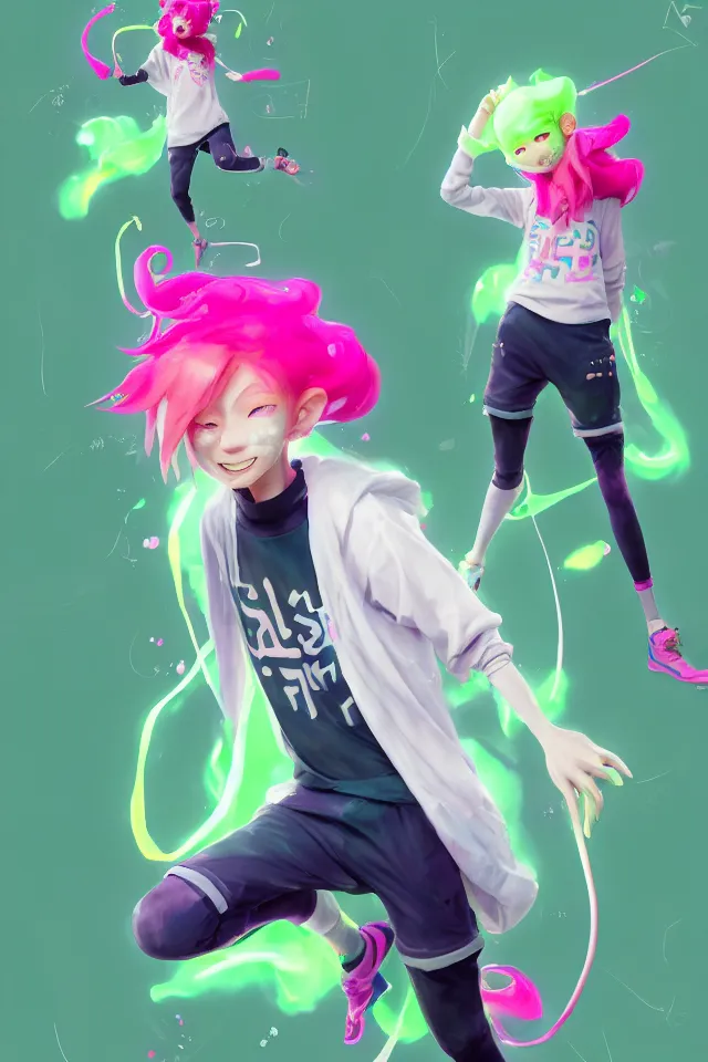 Image similar to a beautiful fullbody portrait of a cute splatoon anime boy with pink hair and green eyes wearing sports clothing tight leggings. character design by cory loftis, fenghua zhong, ryohei hase, ismail inceoglu and ruan jia. artstation, volumetric light, detailed, photorealistic, fantasy, rendered in octane