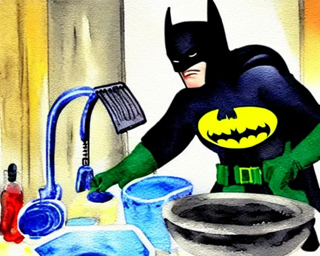 Prompt: Batman washing dishes, bright and cheery watercolor painting