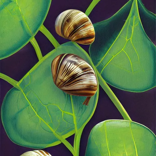 Image similar to snails in their shell by Hamid Savkuev, close-up, botanical illustration