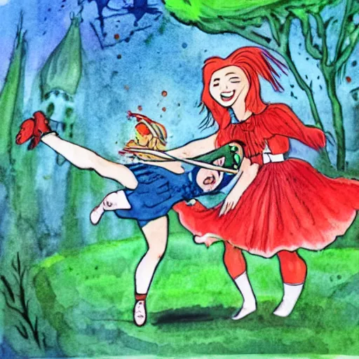 Image similar to action shot of alice from wonderland kicking the head of the red queen like a soccer ball the red queen has comical exes for eyes and her tongue is hanging out, illustration from a children's book, illustration in watercolor