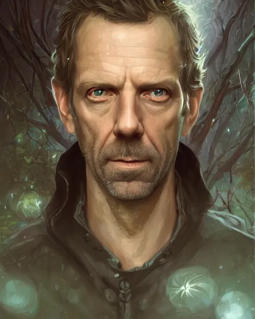 Image similar to detailed portrait of gregory house as a mage, magical, bright spells, fantasy, ruins, overgrown plants, atmosphere, 8 k high definition, insanely detailed, intricate, by charlie bowater, johan grenier