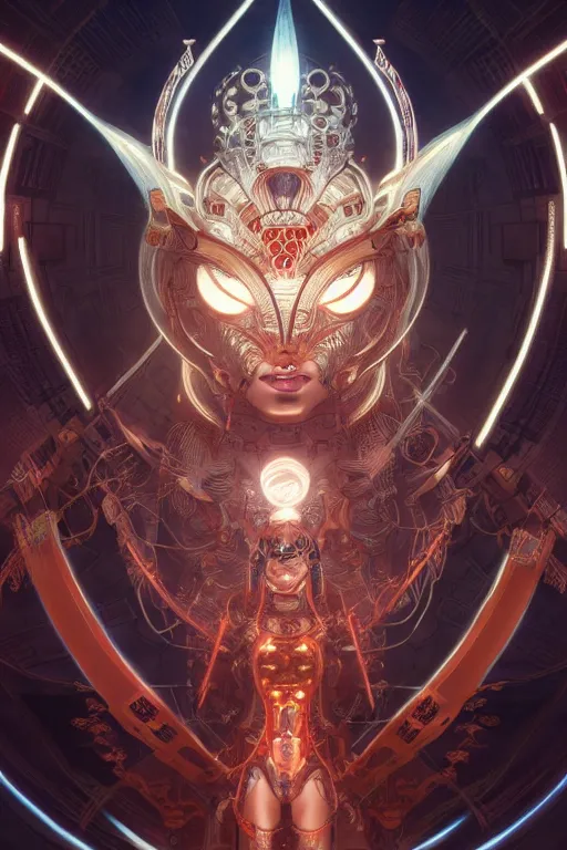 Image similar to asura from chinese myth, ghost, mecha, symmetrical. sci - fi, tech wear, glowing lights, intricate, elegant, highly detailed, digital painting, highly detailed, digital painting, artstation, concept art, smooth, sharp focus, illustration, art by artgerm and greg rutkowski and alphonse mucha