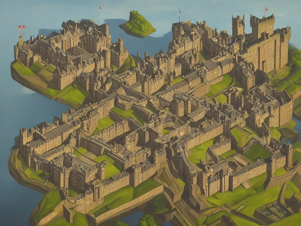 Image similar to A detailed oil painting of Edinburgh, castle, park, in the style of Michiel Schrijver, M.C. Escher surreal, isometric