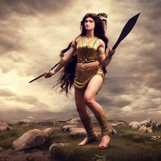 Image similar to Greek goddess Athena fighting with stupidity, stupidity is represented by internet influencers, realistic person, spear in the right hand, long hair, natural look, realistic photography, hyper realistic, highly detailed, 4k, battle landscape, high quality image, couraging and atmospheric composition