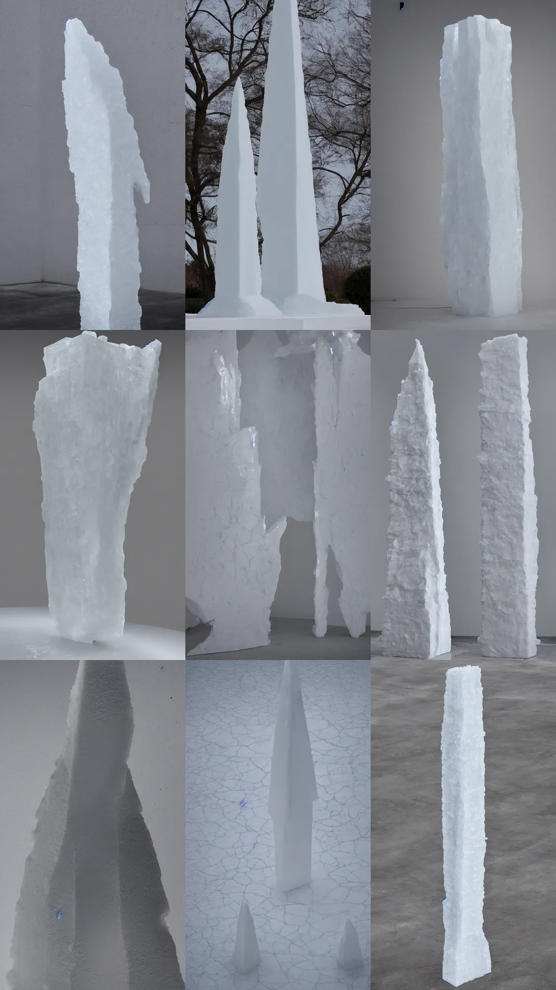 Prompt: ice obelisk of the void, soft cracks, dreamed by lynda benglis and benedick bana, perfect white background 4 k, 8 k