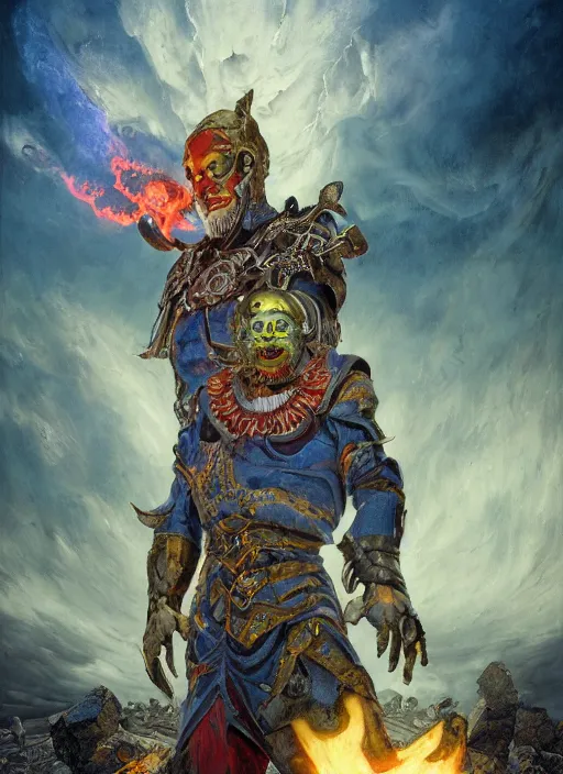 Image similar to portrait of a diabolical cyborg clown viking with a flamethrougher, torn cape, dynamic pose, glowing eyes, ancient ruins, glowing veins subsurface scattering, in clouds, sunset, portrait, by gerald brom, by mikhail vrubel, by peter elson, muted colors, extreme detail, reflections, trending on artstation, 8 k