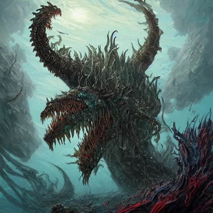 Image similar to sea monster large horror under the ocean d & d, d & d style, trending on artstation, intricate, highly detailed, vivid painting, colorful, art by greg rutkowski