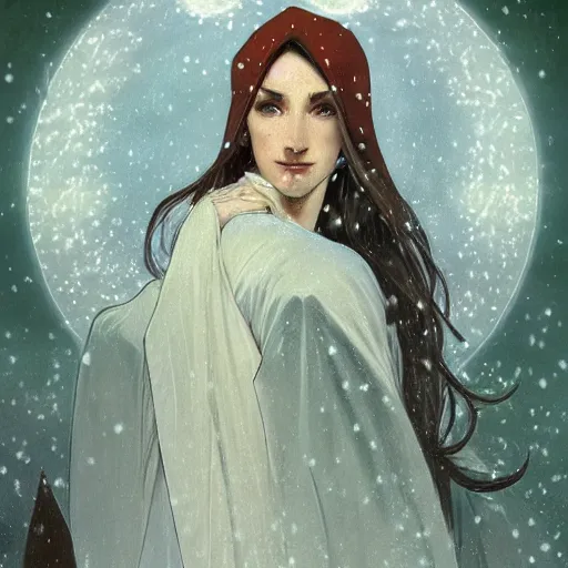 Prompt: portrait of a handsome pointy - eared male snow elf in a turquoise cape, albino skin, pointy ears, mid - shot, moonlight snowing, ethereal opalescent mist, winter vibes, perfect face, elegant, very coherent symmetrical artwork, by greg rutkowski, alphonse mucha, charlie bowater, trending on artstation