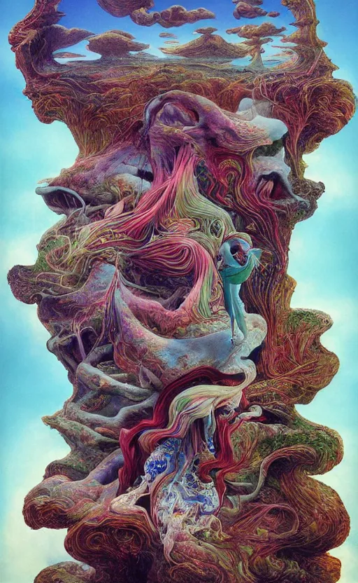 Image similar to ultrawide angle colour masterpiece surreal closeup portrait photography of surrealism by miho hirano and annie leibovitz and michael cheval, weird surreal epic psychedelic complex biomorphic 3 d fractal landscape in background by kilian eng and roger dean and salvador dali and beksinski, 8 k