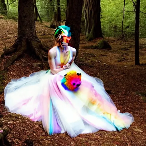 Image similar to photo of emma watson wearing a rainbow wedding gown sitting in a forest