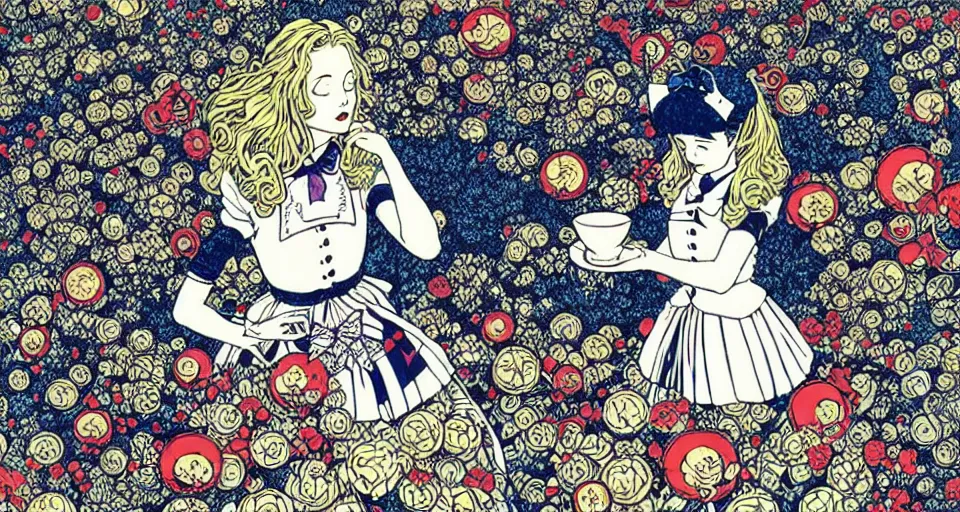 Image similar to alice in wonderland still frame by yuko shimizu, tee party by yuko shimizu