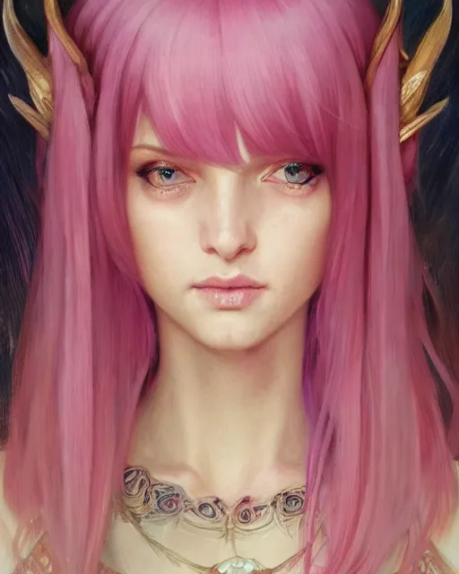 Prompt: portrait of a half elf woman with pink layered bob haircut, intricate, elegant, highly detailed, digital painting, artstation, concept art, smooth, sharp focus, illustration, art by artgerm and greg rutkowski and alphonse mucha and uang guangjian and gil elvgren and sachin teng and wlop, symmetry