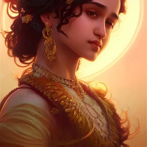 Image similar to beautiful young teen shraddha kapoor, closeup, d & d, fantasy, intricate, elegant, highly detailed, digital painting, artstation, concept art, matte, sharp focus, illustration, art by artgerm and greg rutkowski and alphonse mucha