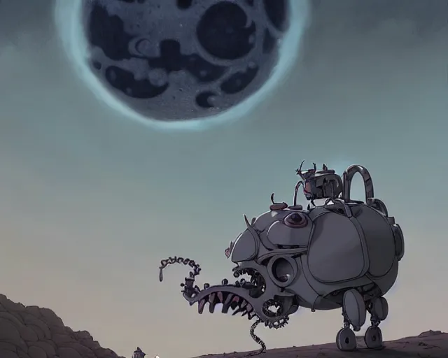 Image similar to a cell shaded cartoon grey lovecraftian mechanized demon from howl's moving castle ( 2 0 0 4 ), with a big head, on a desert road, wide shot, in front of a big moon, muted colors, post grunge, josan gonzales, wlop, by james jean, victor ngai, hq, deviantart, art by artgem