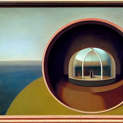 Image similar to giant mechanical eye inside a gyroscope in a dome - shaped control center, grant wood, pj crook, edward hopper, oil on canvas