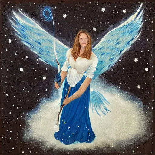 Prompt: loose, dynamic by matti suuronen. a conceptual art of a woman with wings made of stars, surrounded by a blue & white night sky. the woman is holding a staff in one hand, & a star in the other. she is wearing a billowing dress, & her hair is blowing in the wind.