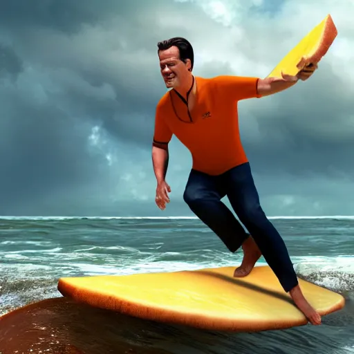 Prompt: dutch mark rutte hyperrealistic, octane render, surfing on a cheese sandwich